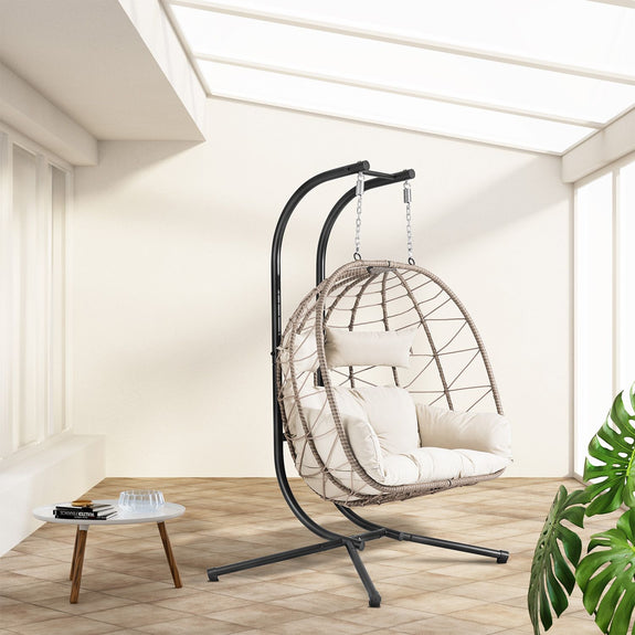 Polyrotan Dubbele Hangstoel Aria - Beige - Incl. Onderstel & Kussens - Afbeelding 17