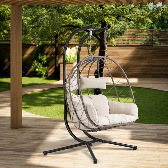 Polyrotan Dubbele Hangstoel Aria - Beige - Incl. Onderstel & Kussens - Afbeelding 2