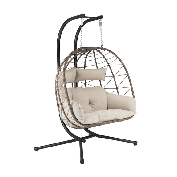 Polyrotan Dubbele Hangstoel Aria - Beige - Incl. Onderstel & Kussens - Afbeelding 3