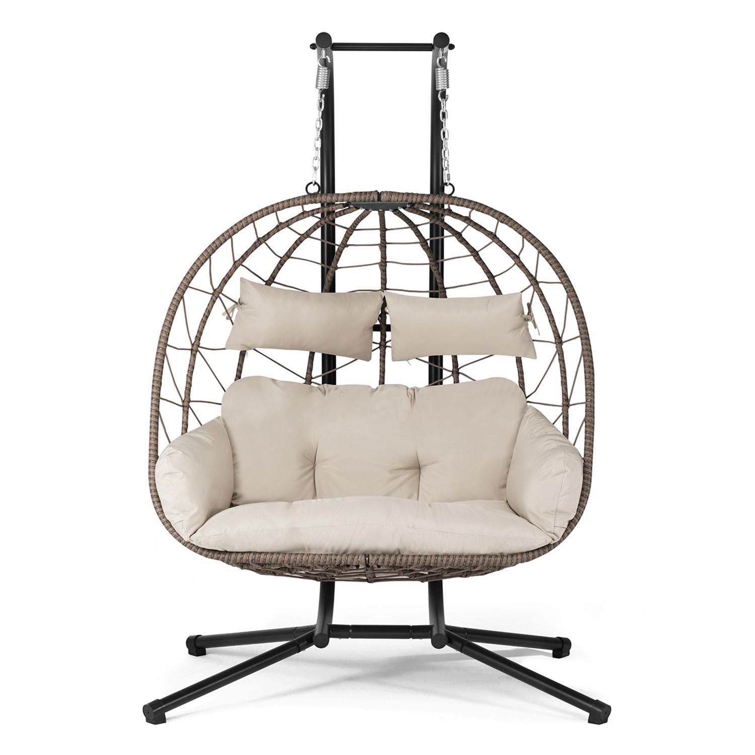 Kideo Complete set: witte hangstoel met frame en kussens, schommelstoel, polyrotan, loungemeubel, lounge wit Kideo Complete set: witte hangstoel met frame en kussens, schommelstoel, polyrotan, loungemeubel, lounge wit