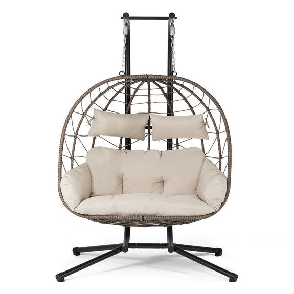 Polyrotan Dubbele Hangstoel Aria - Beige - Incl. Onderstel & Kussens - Afbeelding 1