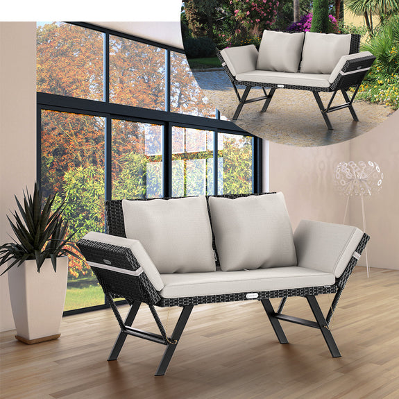 2-in-1 polyrotan tuinbank 176 cm - zwart/crème - Afbeelding 4