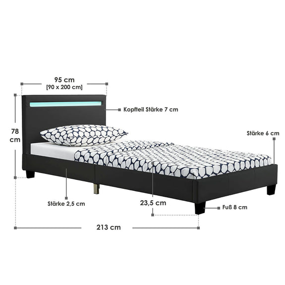 Gestoffeerd Bed Verona - 90 x 200 cm - Zwart - LED verlichting - Afbeelding 8