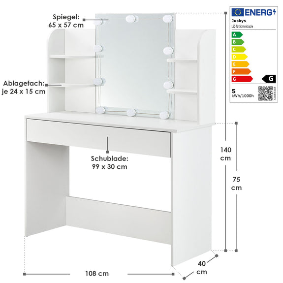 Schminktafel / kaptafel Bella - Wit - Incl. Spiegel & LED Verlichting - Afbeelding 11