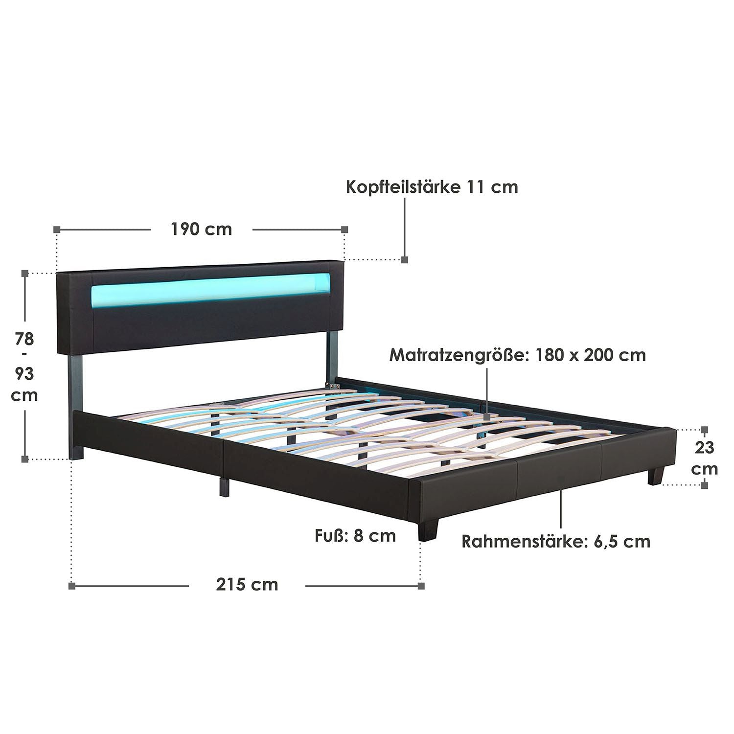 Gestoffeerd bed Paris - 180 x 200 cm - Zwart - LED Verlichting