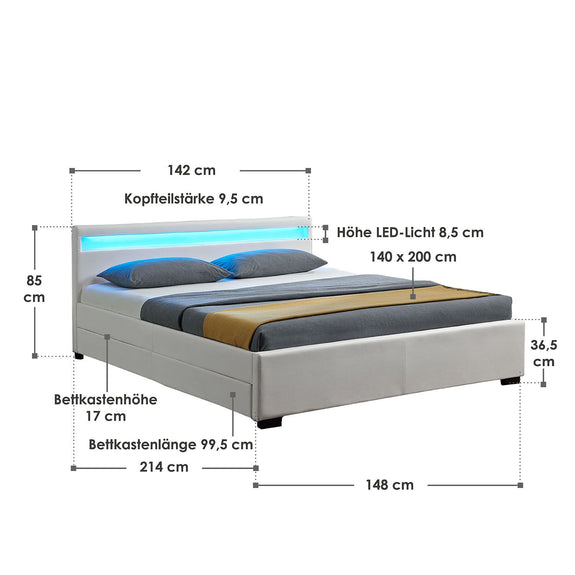 Gestoffeerd bed Lyon - 140 x 200 cm - Wit - LED Verlichting & Bedlades - Afbeelding 7