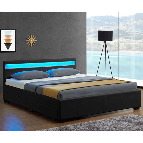 Gestoffeerd bed Lyon - 140 x 200 cm - Zwart - LED Verlichting & Bedlades - Afbeelding 2
