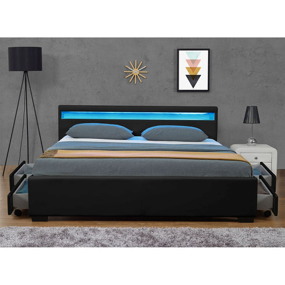 Gestoffeerd bed Lyon - 140 x 200 cm - Zwart - LED Verlichting & Bedlades - Afbeelding 3