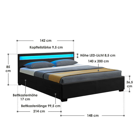 Gestoffeerd bed Lyon - 140 x 200 cm - Zwart - LED Verlichting & Bedlades - Afbeelding 7