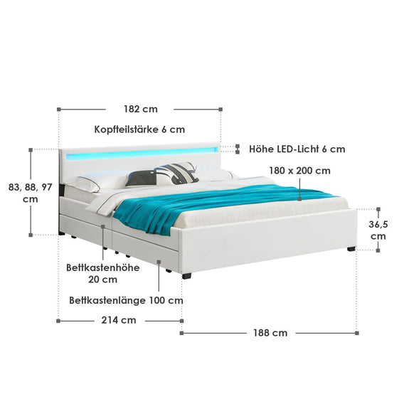 Gestoffeerd bed Lyon - 180 x 200 cm - Wit - LED Verlichting & Bedlades - Afbeelding 14