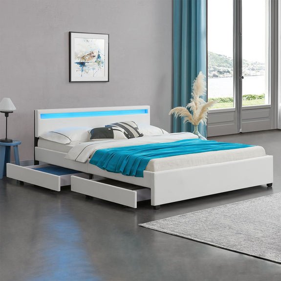 Gestoffeerd bed Lyon - 180 x 200 cm - Wit - LED Verlichting & Bedlades - Afbeelding 2