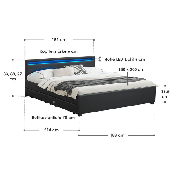Gestoffeerd bed Lyon - 180 x 200 cm - Zwart - LED Verlichting & Bedlades - Afbeelding 14