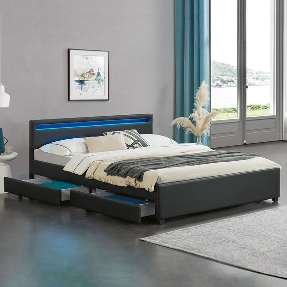 Gestoffeerd bed Lyon - 180 x 200 cm - Zwart - LED Verlichting & Bedlades - Afbeelding 2