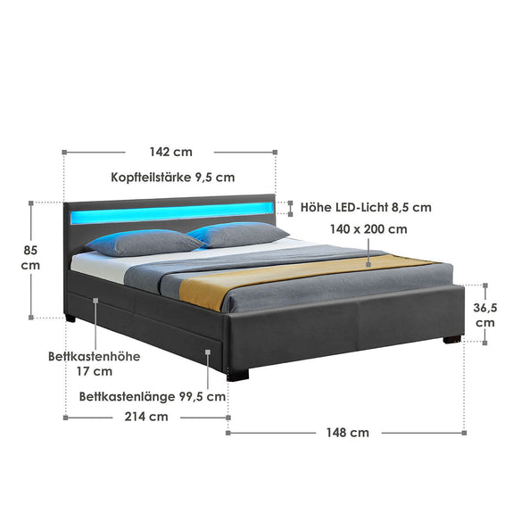 Gestoffeerd bed Lyon - 140 x 200 cm - Donkergrijs - LED Verlichting & Bedlades - Afbeelding 7