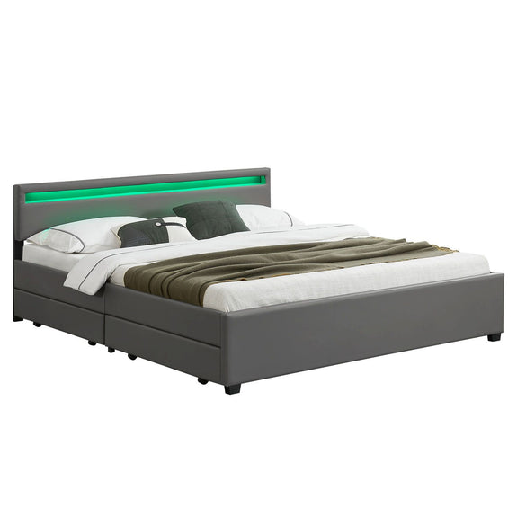 Gestoffeerd bed Lyon - 180 x 200 cm - Grijs - LED Verlichting & Bedlades - Afbeelding 1