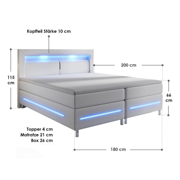 Boxspringbed / Boxspring Norfolk - 180 x 200 cm - Wit - LED - Incl. Matras & Topper - Afbeelding 6
