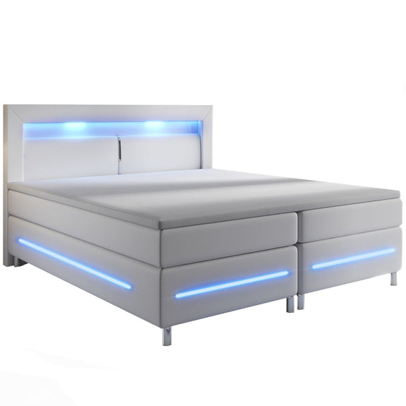 Boxspringbed / Boxspring Norfolk - 180 x 200 cm - Wit - LED - Incl. Matras & Topper - Afbeelding 1