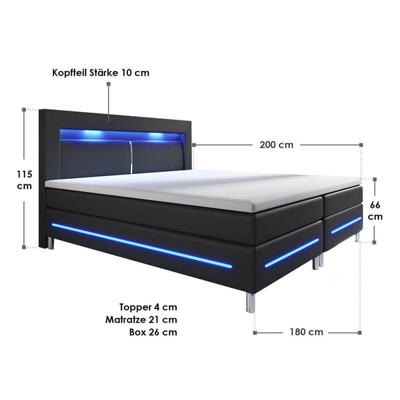 Boxspringbed / Boxspring Norfolk - 180 x 200 cm - Zwart - LED - Incl. Matras & Topper - Afbeelding 6