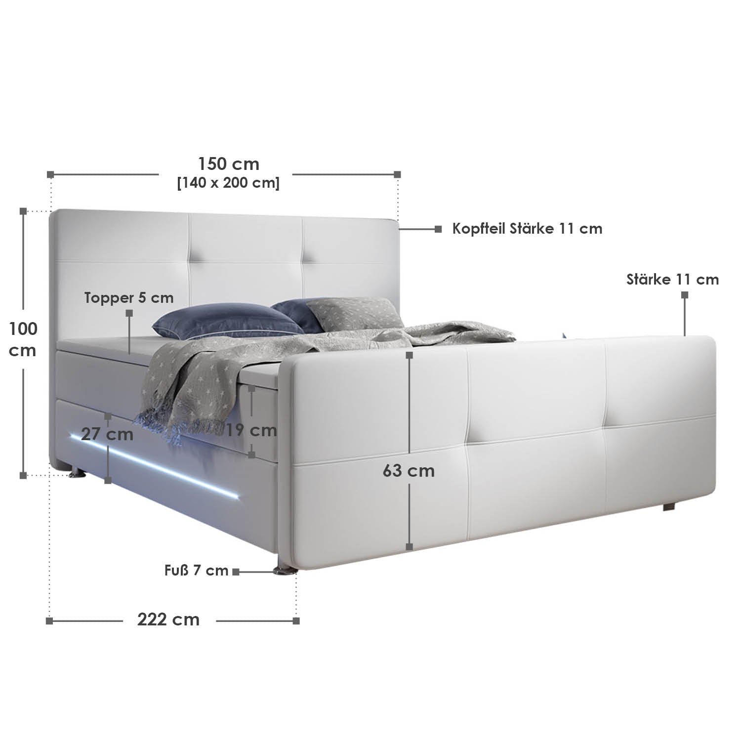Boxspringbed Oakland - 140 x 200 cm - Wit - LED Verlichting