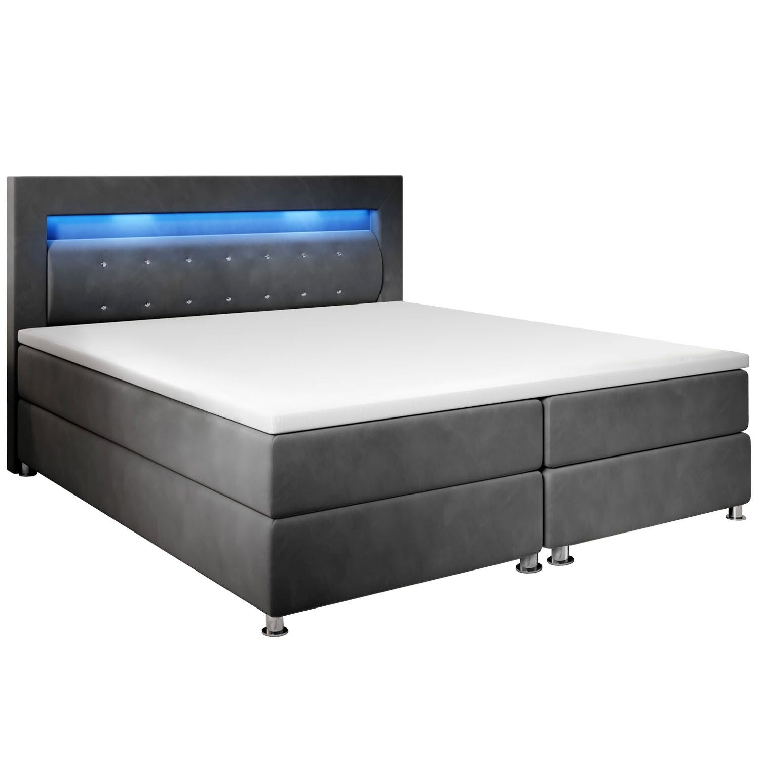 Boxspringbed / Boxspring Vancouver - 140 x 200 cm - Grijs - LED - Incl. Matras & Topper