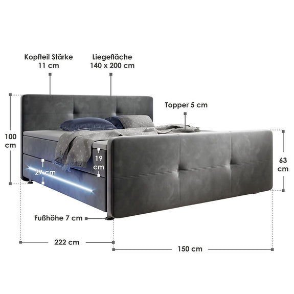 Boxspring Houston - 140 x 200 cm - Grijs - Afbeelding 6