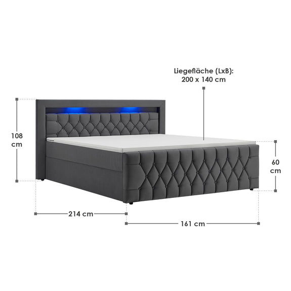 Boxspringbed Leona - 140x200 cm - Grijs incl. led verlichting - Afbeelding 7