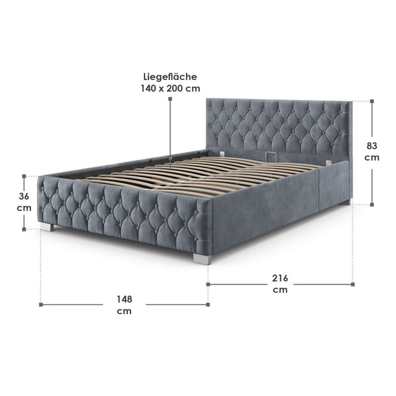 Gestoffeerd Bed Nizza - 140 x 200 cm - Grijs - LED Verlichting & Bedlade - Afbeelding 8