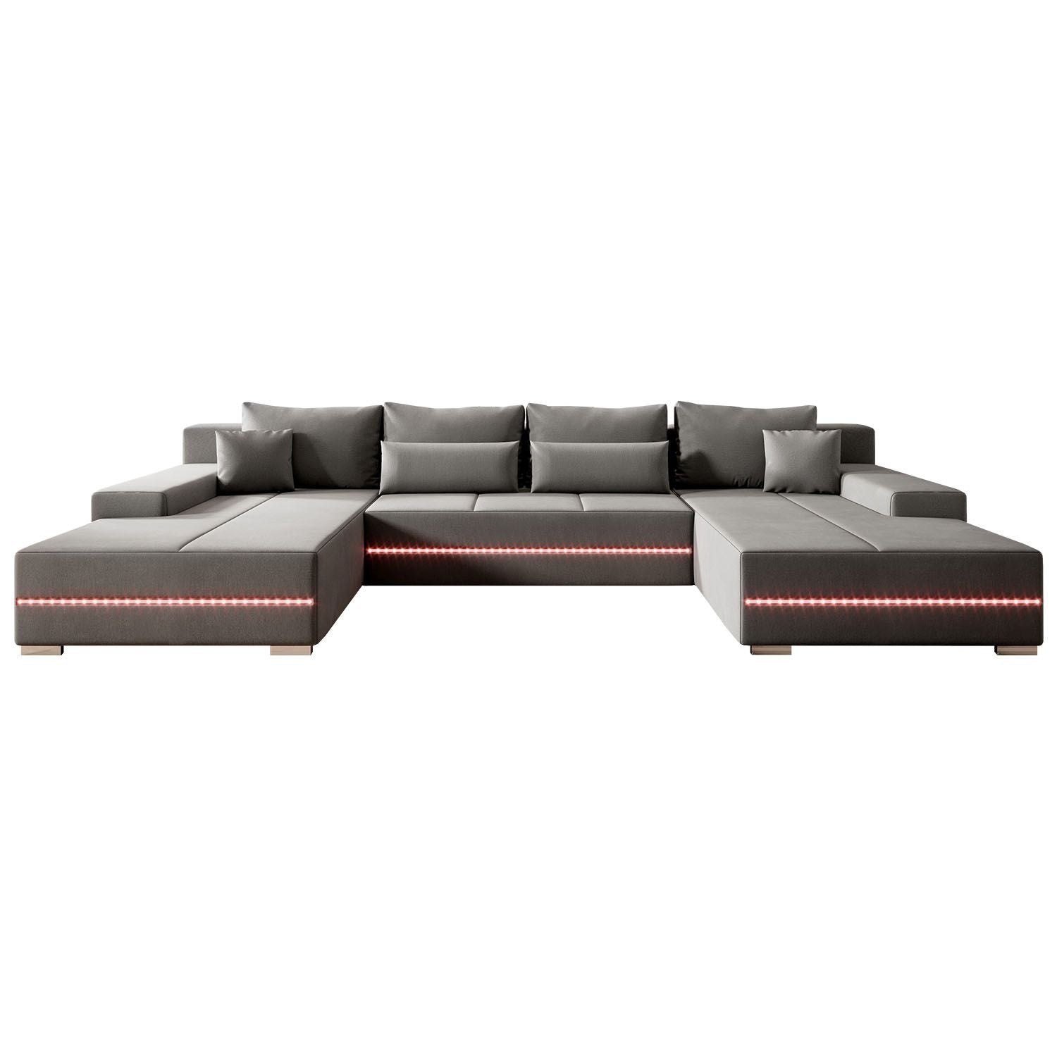 Gestoffeerde Hoekbank / Slaapbank Malbun - 340 x 72 x 180 cm - Lichtgrijs - Incl. LED & Opbergruimte