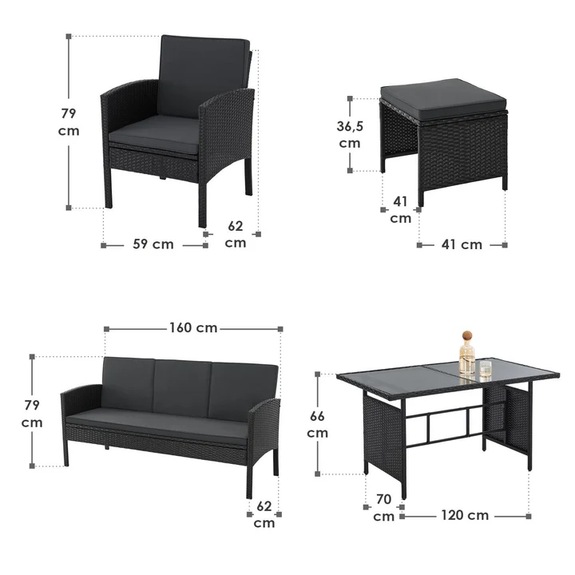 Tuinset / Loungeset / Zitgroep Turin - 7 personen - Polyrattan - Incl. kussens - Zwart - Afbeelding 7