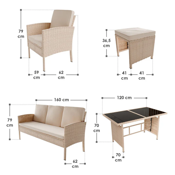 Tuinset / Loungeset / Zitgroep Turin - 7 personen - Polyrattan - Incl. kussens - Crème - Afbeelding 7