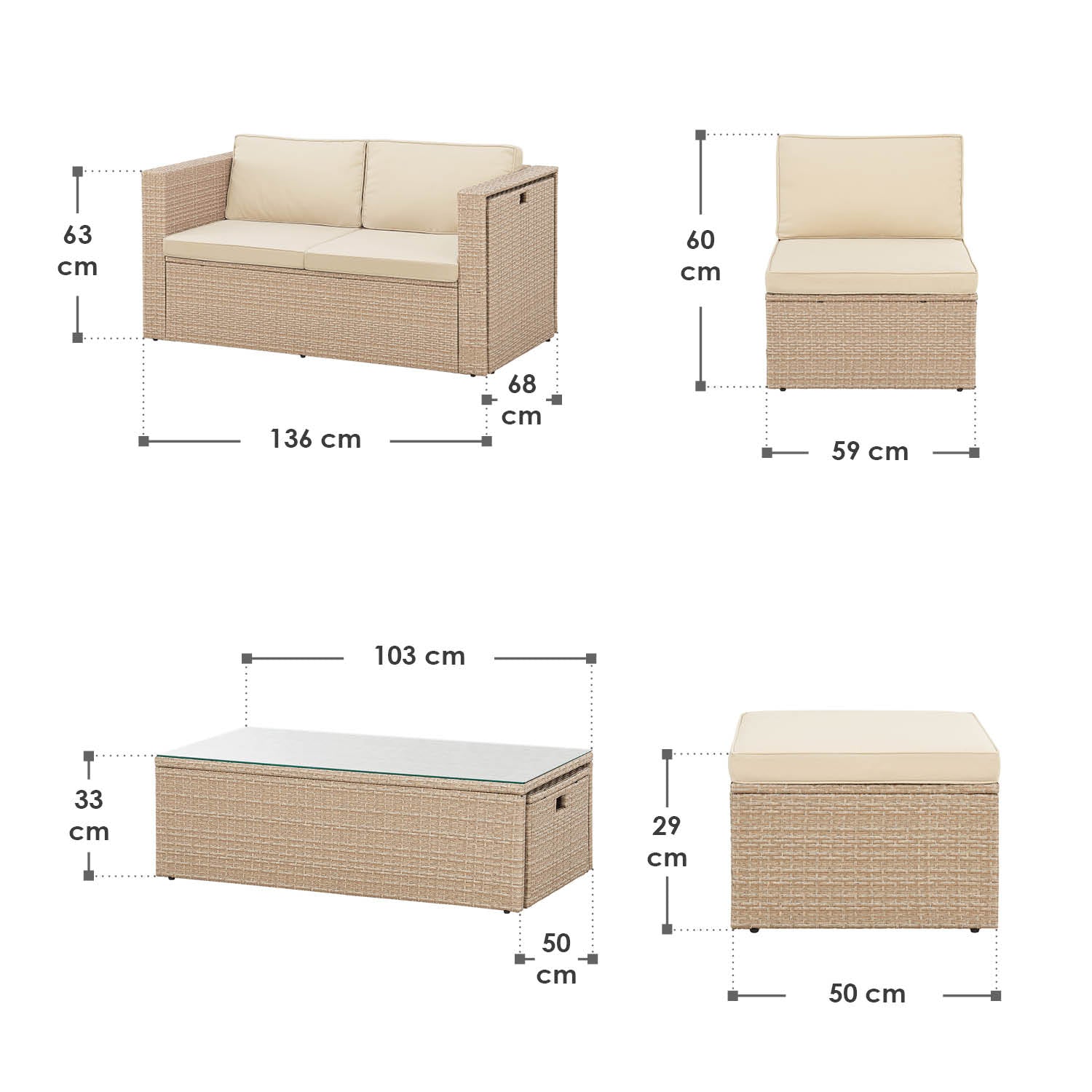 Polyrotan Loungeset / Tuinset Salou - Crème - Incl. Kussens