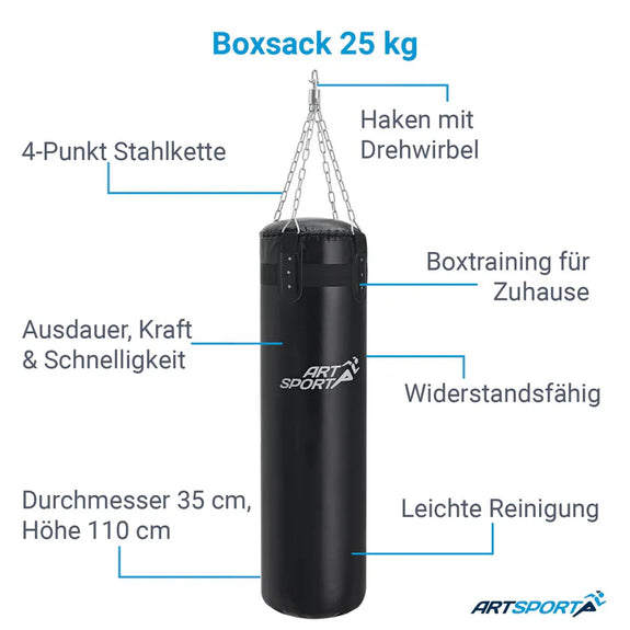 Bokszak 25kg met 4-punts stalen kettingen en karabijnhaak - Afbeelding 4