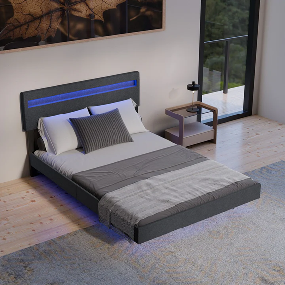 Zwevend bed Lissabon - 140x200cm - Kunstleer - Incl. LED - Donkergrijs - Afbeelding 3