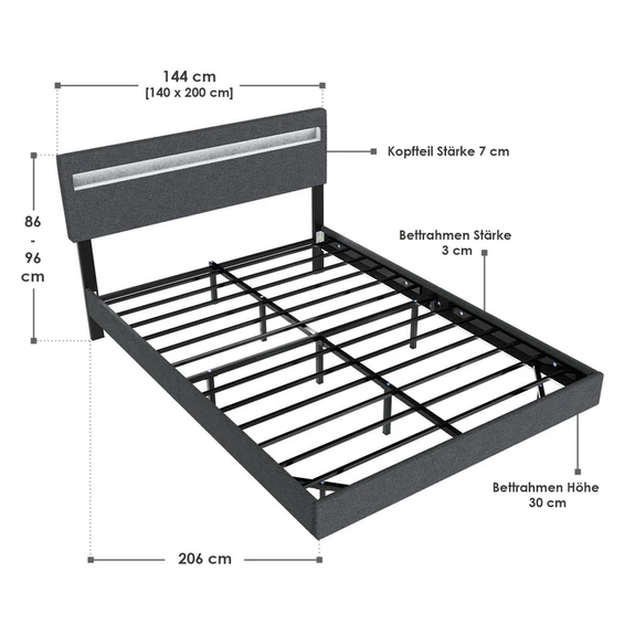 Zwevend bed Lissabon - 140x200cm - Kunstleer - Incl. LED - Donkergrijs - Afbeelding 7