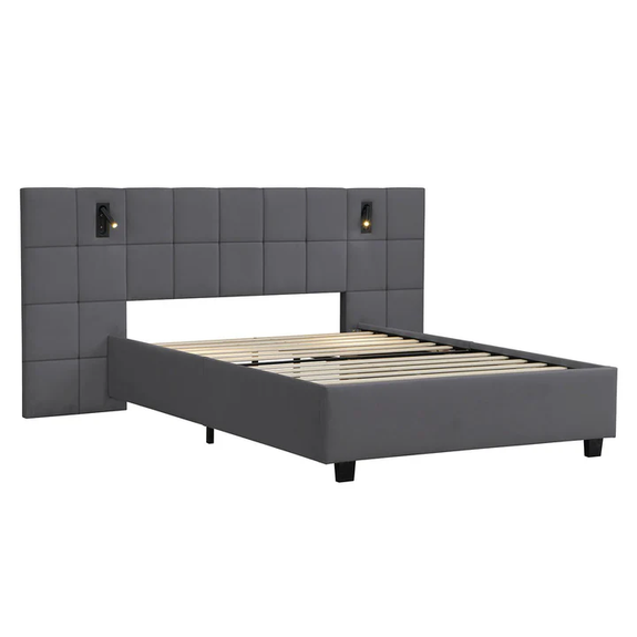 Gestoffeerd Bed Luzano - 140x200cm - Fluweel - Incl. Leeslampje - Donkergrijs - Afbeelding 4