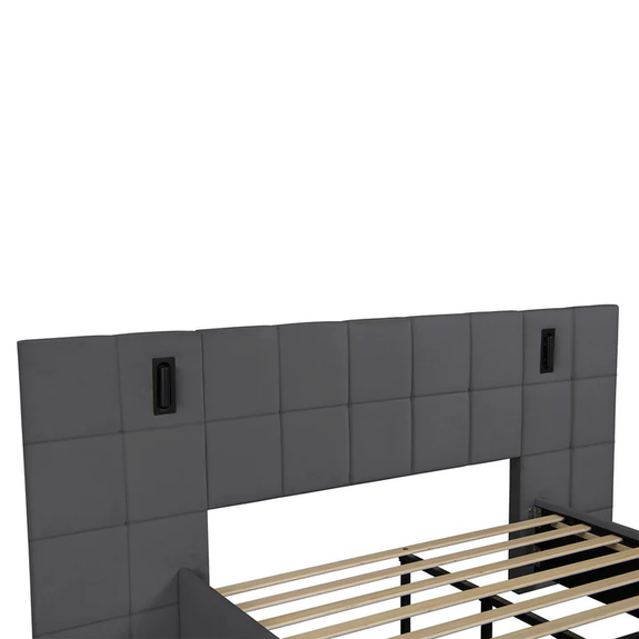 Gestoffeerd Bed Luzano - 140x200cm - Fluweel - Incl. Leeslampje - Donkergrijs - Afbeelding 3