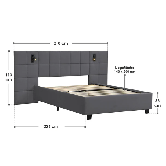 Gestoffeerd Bed Luzano - 140x200cm - Fluweel - Incl. Leeslampje - Donkergrijs - Afbeelding 7