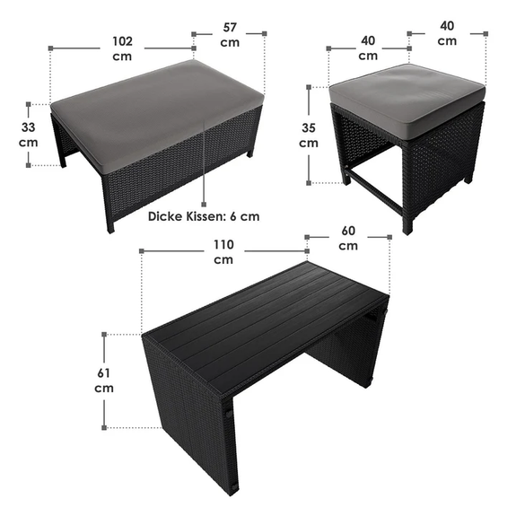 Loungeset / Tuinset Jamaica - 2-in-1 - Polyrotan - Zwart / Grijs - Afbeelding 7