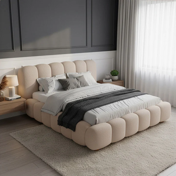 Gestoffeerd Bed Catania - 180x200 cm - Bouclé stof - Beige - Afbeelding 2