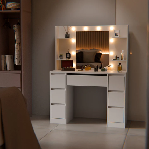 Kaptafel / Schminktafel Malia - Incl. Spiegel en LED - Wit - Afbeelding 2