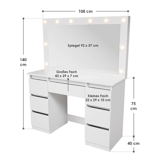 Kaptafel / Schminktafel Lilia - Incl. LED en Lades - Wit - Afbeelding 7