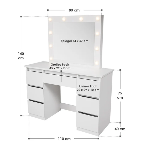 Kaptafel / Schminktafel Talea - Incl. Spiegel en LED - Wit - Afbeelding 7