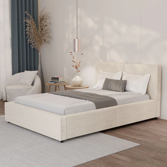 Gestoffeerd Bed Salerno - Corduroy - 140x200cm - Beige - Afbeelding 2