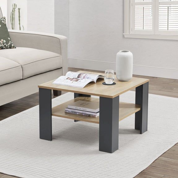Houten Salontafel - 60 x 60 cm - Donkergrijs / Houtkleur - 2 Niveaus - Afbeelding 2