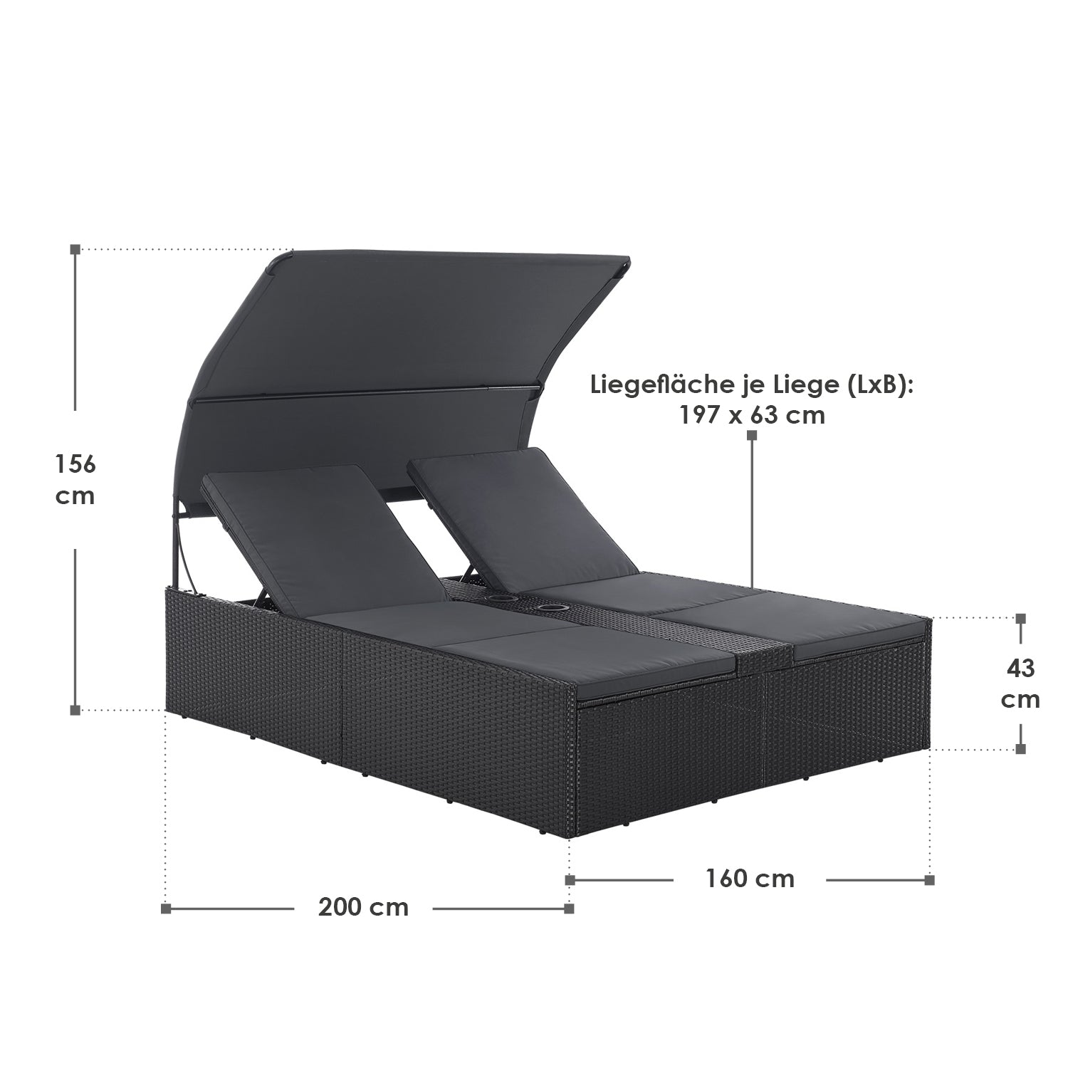 Polyrotan Loungebed / Ligbed Syros - Zwart - 2 personen - Incl. Kussens & Zonnedak
