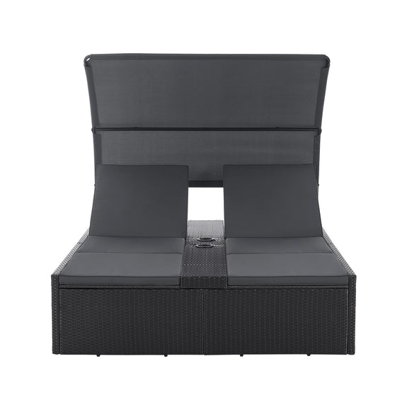 Polyrotan Loungebed / Ligbed Syros - Zwart - 2 personen - Incl. Kussens & Zonnedak - Afbeelding 3