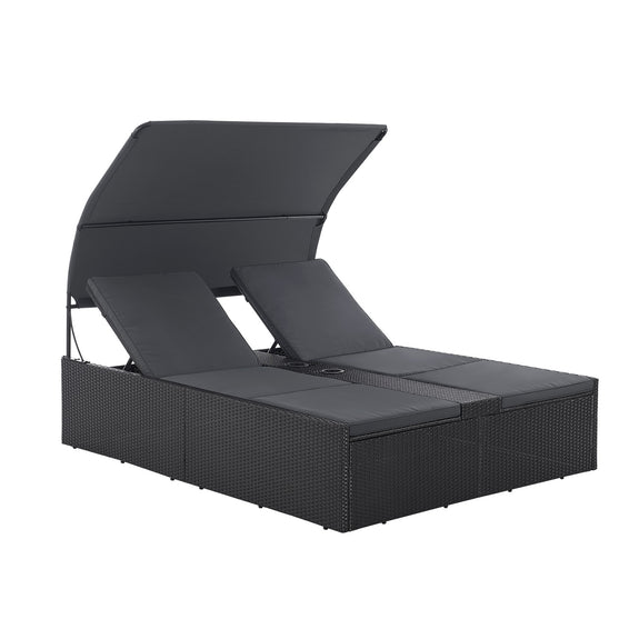 Polyrotan Loungebed / Ligbed Syros - Zwart - 2 personen - Incl. Kussens & Zonnedak - Afbeelding 1