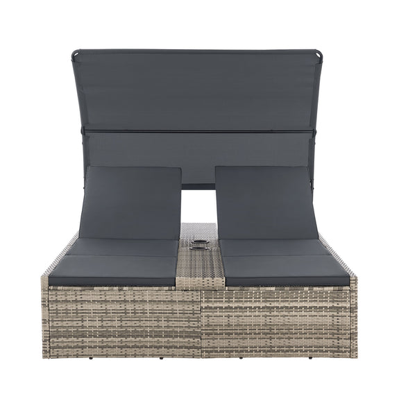 Polyrotan Loungebed / Ligbed Syros - Grijs - 2 personen - Incl. Kussens & Zonnedak - Afbeelding 3
