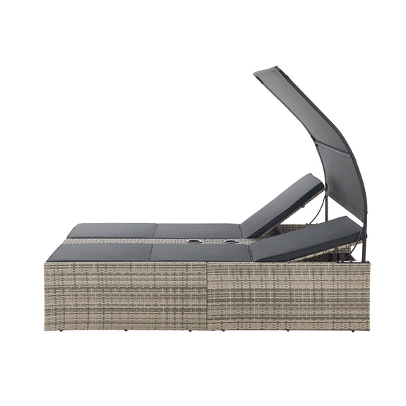 Polyrotan Loungebed / Ligbed Syros - Grijs - 2 personen - Incl. Kussens & Zonnedak - Afbeelding 4