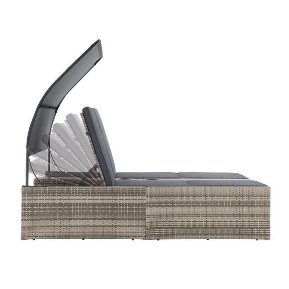 Polyrotan Loungebed / Ligbed Syros - Grijs - 2 personen - Incl. Kussens & Zonnedak - Afbeelding 5
